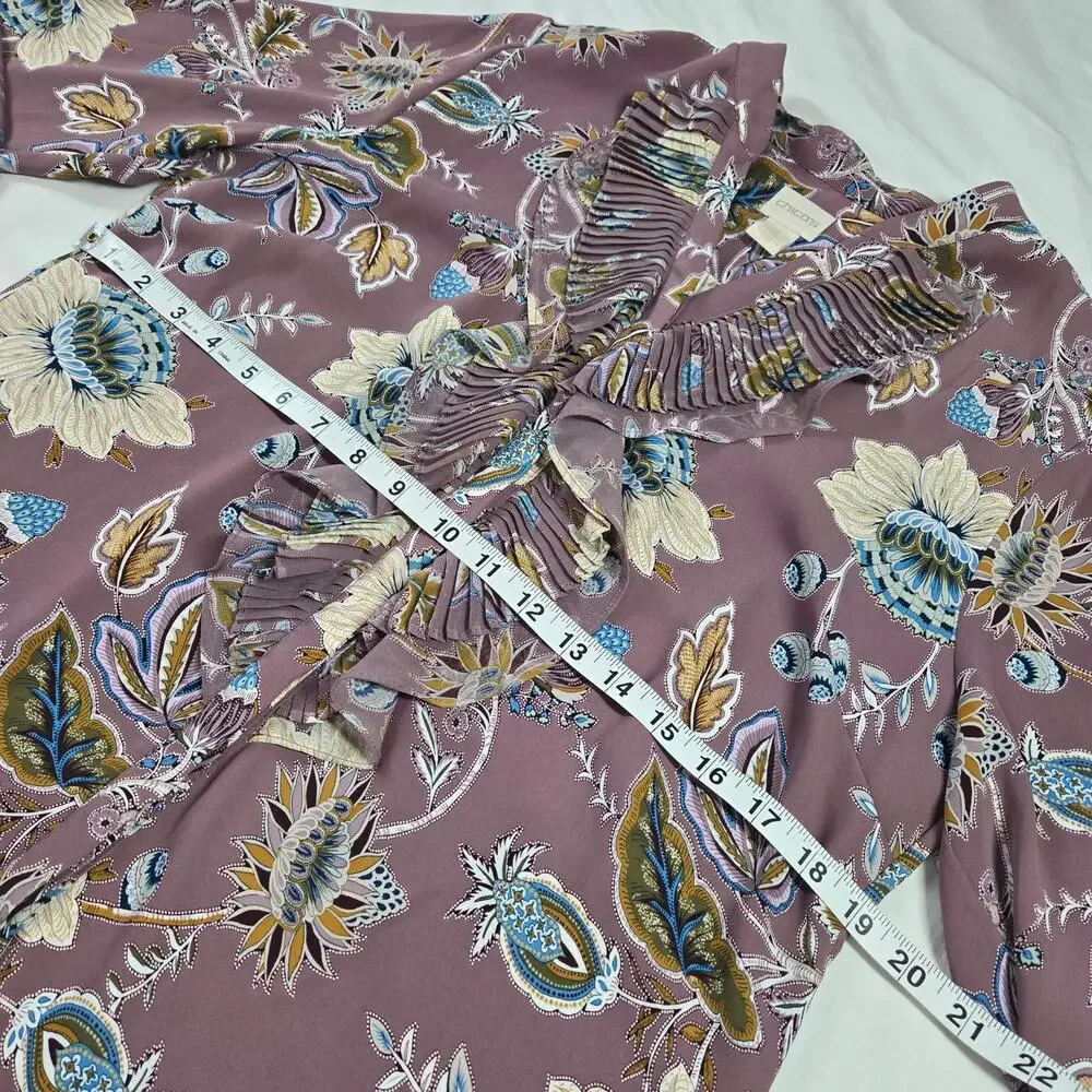 Chicos Top Blouse Mauve Paisley Floral 1 Med Purple Blue Jacobean Bouquet Ruffle - Picture 11 of 12